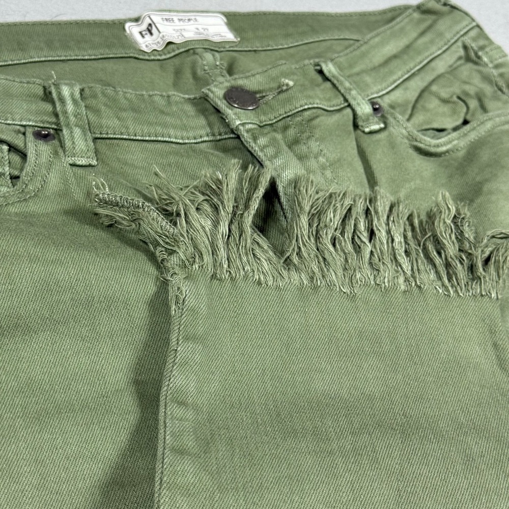 Free People Olive Green Distressed Fringe Hem Skinny Jeans Size 27